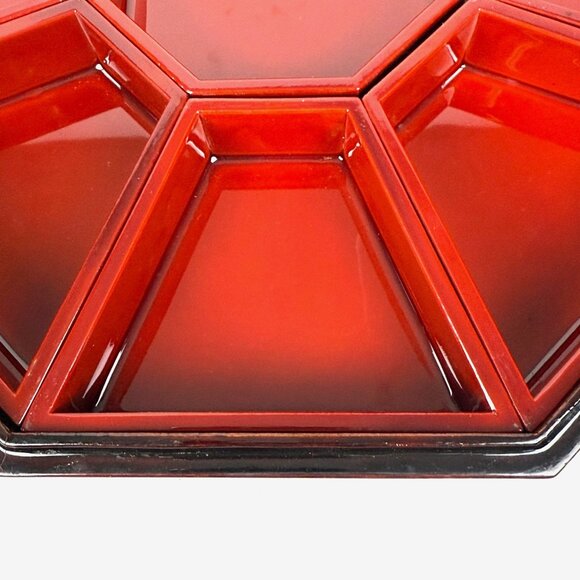 Octagonal Mother Of Pearl Inlaid Red Lacquer Box With Compartments Functional El - Picture 4 of 11